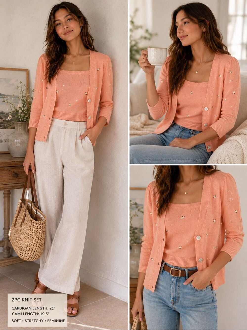 Springfield Woman 2 Piece Knit Cardigan & Cami Embroidered Size 4 coquette cotta